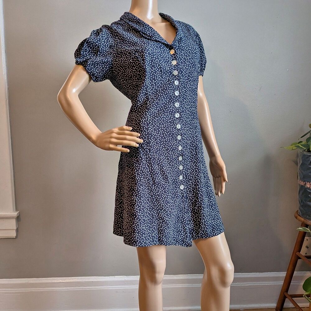 Vintage 90s Styleworks Polka Dot Mini Dress Blue Cottagecore Picnic Size 14